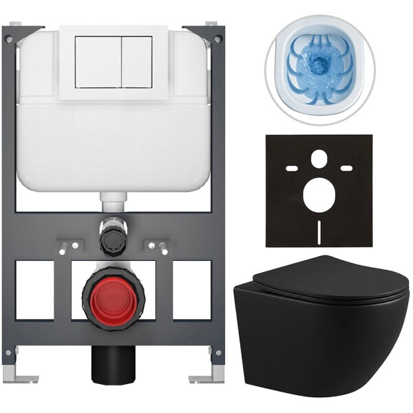 CERANO Kompletní WC set Basic/Cesso - černá matná - WC tlačítko Maxio/Bílá - závěsné - nízký modul - předstěnová instalace - 49x36 cm - 8050BD86349