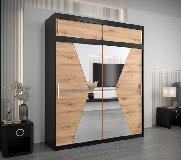 Šatní skříň Abi Ma s nástavcem Barva korpusu: Černá, Rozměry: 200 cm, Dveře: Dub artisan