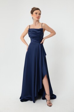 Lafaba Dámské tmavě modré volánkové rozparkové saténové večerní šaty promoční šaty