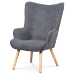 Křeslo "ušák" s podnožkou, potah šedá látka, dřevěné nohy, masiv kaučukovník