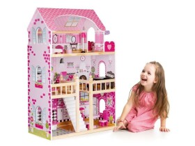 DumDekorace Dřevěný domeček pro panenky s LED osvětlením a nábytkem