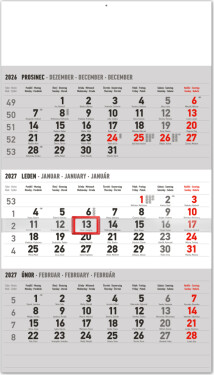 NOTIQUE Nástěnný kalendář 3měsíční standard šedý – s českými jmény 2027, 29,5 x 43 cm