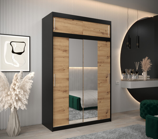 Šatní skříň Abi T1 s nástavcem Barva korpusu: Černá, Rozměry: 150 cm, Dveře: Dub artisan