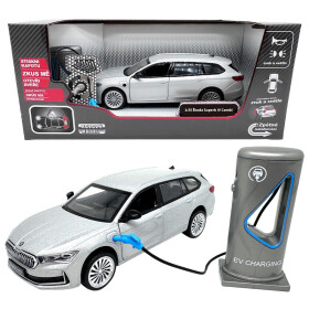Škoda Superb IV Combi Stříbrně šedá + nabíjecí stanice 1:35 - Sparkys