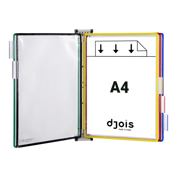 Djois nástěnný kovový držák magnetický s rámečky, 5 rámečků s kapsami A4, rámečky mix barev, 1 set