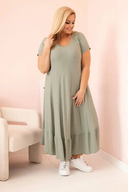 Dámské šaty plus size s krátkým rukávem a volánem z lehké viskózy khaki UNI