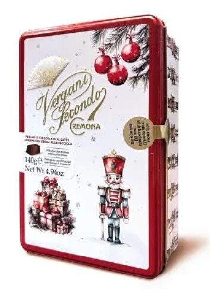 Vergani Louskáček plechová dóza červená s pralinkami 140g