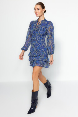 Trendyol Námořnická modrá sukně s volánkovým límcem Detailní tkané šaty