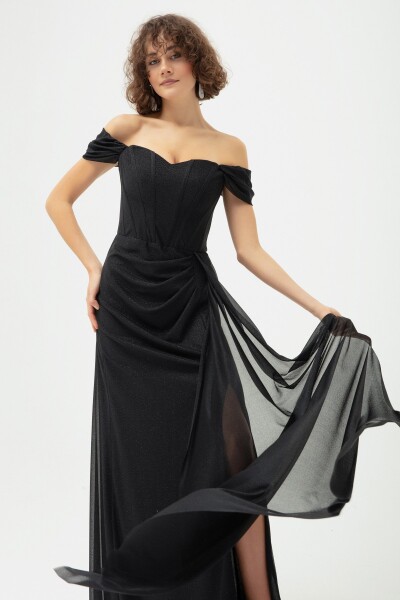 Lafaba Women's Black Underwire Corset Detailed Silvery Long Evening Dress