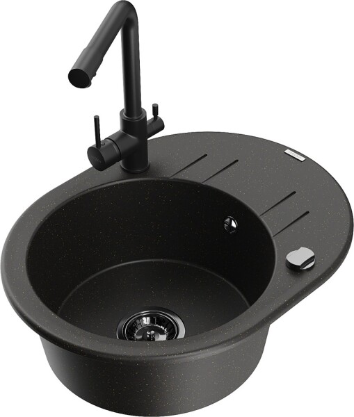 MEXEN/S - Kevin granitový dřez s odkapávačem včetně baterie Duero, černá/zlatá metalik 6517-75-671600-70-B