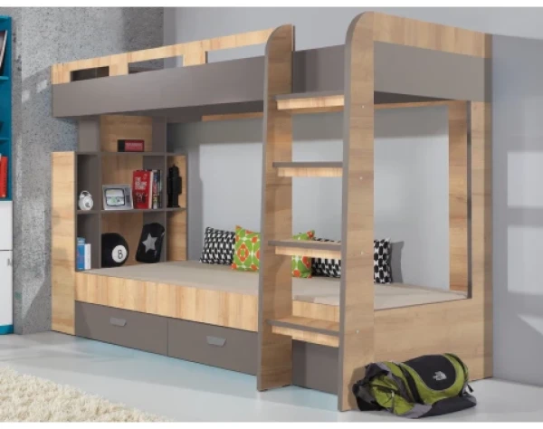 Dvoupatrová postel se zásuvkami Nano 90x200 cm, dub/grafit