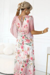 603-4 Vzdušné maxi šaty s obálkovým výstřihem a květinovým vzorem - PINK Roses UNI