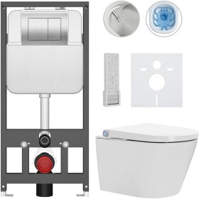 CERANO Závěsné WC s bidetem Basic/Cronus Premium - bílá lesklá - WC tlačítko Maxio/Stříbrná - závěsné - předstěnová instalace - 59,3x38,4 cm