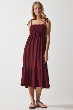 Happiness İstanbul Women's Burgundy Strappy Crinkle Summer Knitted Dress