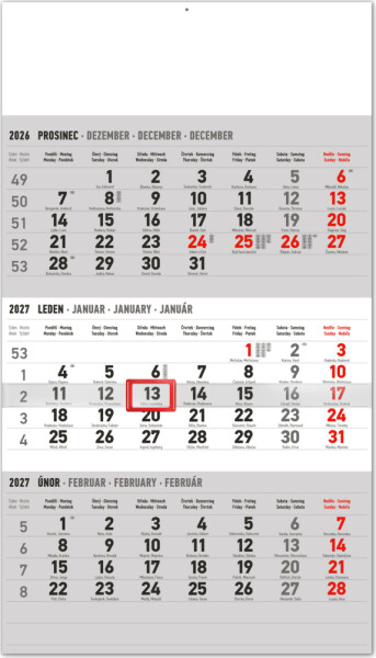 NOTIQUE Nástěnný kalendář 3měsíční standard šedý – s českými jmény 2027, 29,5 x 43 cm