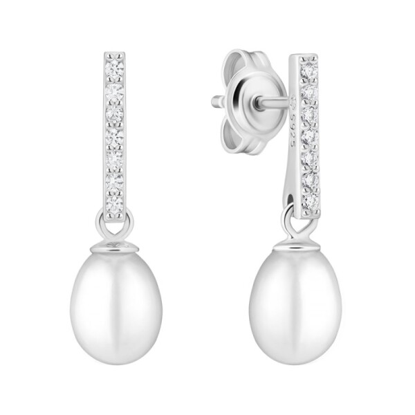 Stříbrné náušnice s perlou a zirkony Pilar - stříbro 925/1000, Stříbrná Bílá