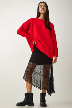Happiness İstanbul Women's Black Asymmetrical Lace Midi Skirt