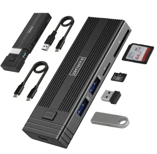 Zenwire HUB63 / Externí box pro M.2 SSD s USB-C hubem / 7v1 / NVMe / PCIe / SATA / SD