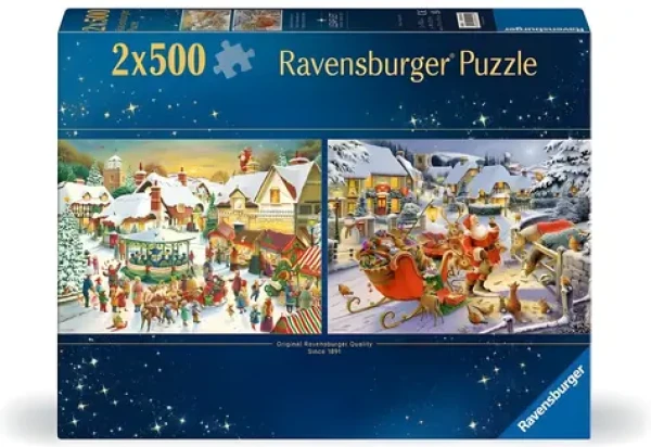 RAVENSBURGER Puzzle Vánoční trh a Štědrovečerní večeře