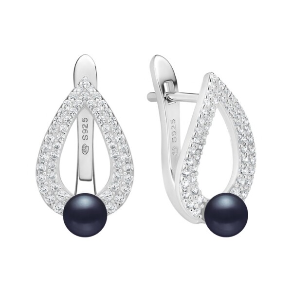 Stříbrné náušnice s černou perlou a zirkony Graciela - stříbro 925/1000, Stříbrná Černá