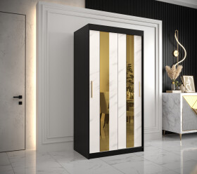 Šatní skříň Abi Golden Pole Barva korpusu: Černá, Rozměry: 100 cm, Dveře: Bílý mramor se zlatým zrcadlem