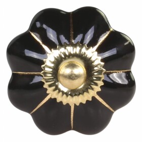 Chic Antique Porcelánová úchytka Black Brass Flower, černá barva, zlatá barva, kov, porcelán