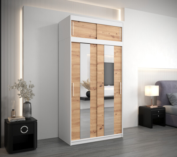 Šatní skříň Abi Po s nástavcem Barva korpusu: Bílá, Rozměry: 120 cm, Dveře: Dub artisan