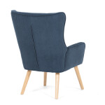 Křeslo, potah modrá manšestrová látka, dřevěné nohy, masiv kaučukovník