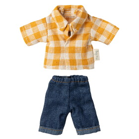 Maileg Kostkovaná košile a džíny pro myšáka Maileg Dad, žlutá barva, textil