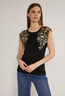 Dámské tričko s květinovým potiskem TSH0213 černé - Monnari M