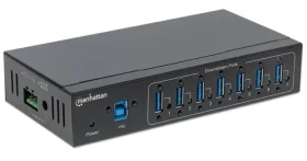 Manhattan USB 3.0 Hub 7 portů průmyslový černá / USB hub / kovové tělo / DIN lišta / kabel 1 m (164405)