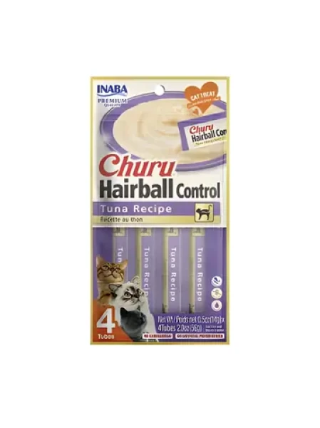 Inaba Churu Hairball Control tuňákové pyré 4x14 g / Pamlsek pro kočky / Bez obilovin / Podpora trávení chlupů (683-10675)