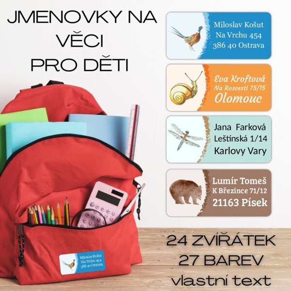 Jmenovky do školy Akvarel ZVÍŘÁTKA jmenovka 45x20mm (24ks)