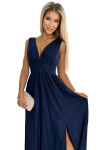 SUSAN Tmavě modré dlouhé brokátové dámské šaty výstřihem prošitím pase 490-1