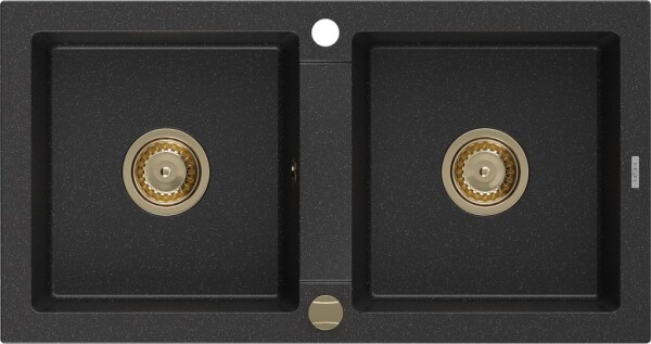 MEXEN/S - Mario granitový dřez 2-bowl 820x436 mm, czarny/srebrny metalik,+ zlatý sifon 6504822000-73-G
