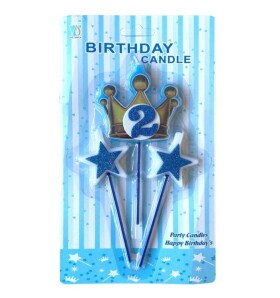 Dortisimo Svíčky koruna zlato-modrá s číslem 2 a hvězdičky modré