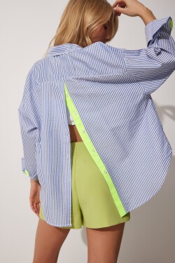 Happiness İstanbul Women's Blue Green Ribbon And Button Detailed Striped Oversize Shirt