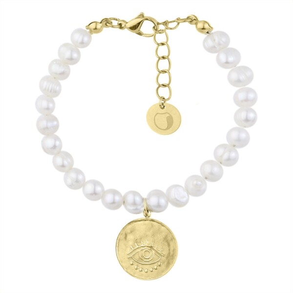 Perlový náramek s ocelovým medailonem Jenefer Gold - symbol Oko, 16 cm + 3 cm (prodloužení) Bílá