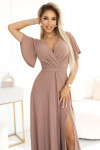 581-4 JENNIFER třpytivé dlouhé šaty s rukávy a výstřihem - MOCHA MOUSSE WITH BROKER S