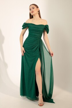 Lafaba Women's Emerald Green Boat Neck Draped Slit Long Silvery Evening Dress
