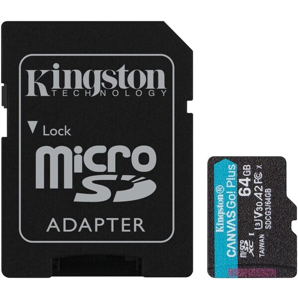 Kingston Canvas Go! Plus microSDXC 64GB s adaptérem / UHS-I V30 / čtení: až 170MBs / zápis 90MBs (SDCG3/64GB)