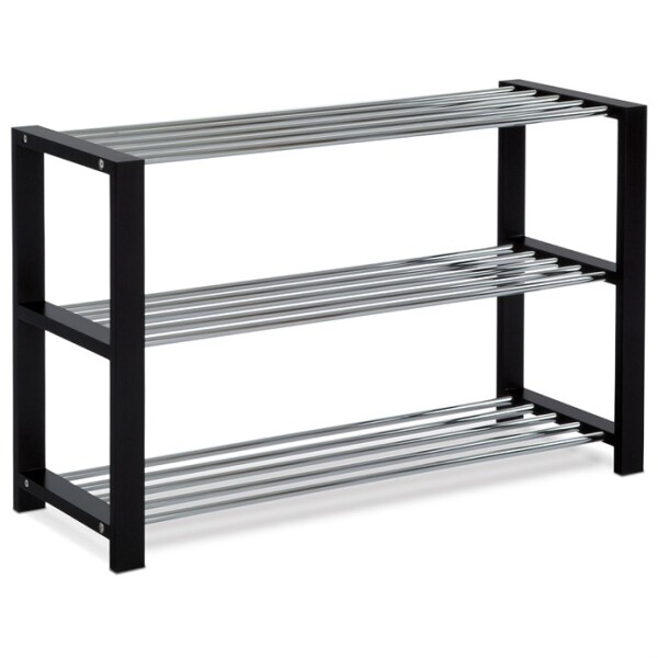 Botník, 3 kovové chromované police, masiv kaučukovník, černý matný lak