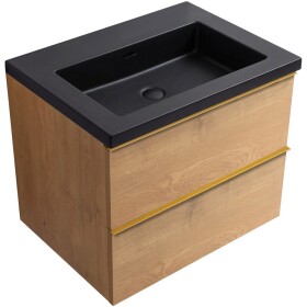 CERANO - Koupelnová skříňka Velora - dub medový, úchytka zlatá + umyvadlo z lit. mramoru Ovo - černá matná - 70,5x58x46,5 CER-979981
