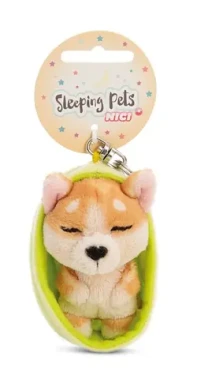 NICI GREEN klíčenka spící Pejsek Welsh Corgi + světle zelený košík 12 cm