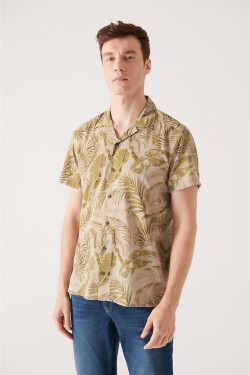 Avva Men's Khaki Tropical Printed Cotton Short Sleeve Shirt