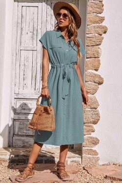 Madmext Baby Blue Shirt Collar Long Dress