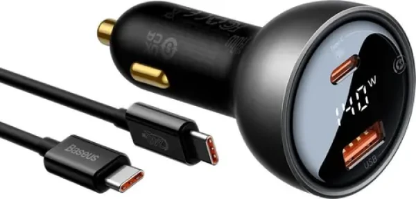 Autonabíječka BASEUS / nabíjecí sada - USB + USB-C - 140W rychlé nabíjení - kabel USB-C / USB-C 1m - šedá