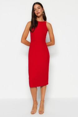 Trendyol červené přiléhavé midi tužkové šaty tkaným límcem detailním doplňkem na límci