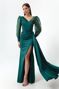 Lafaba Women's Emerald Green Double Breasted Collar Silvery Long Satin Evening Dress