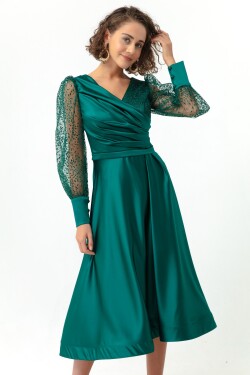 Lafaba Women's Emerald Green Double Breasted Collar Silvery Midi Satin Evening Dress